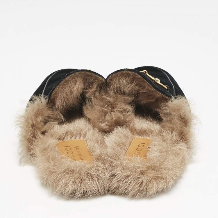 Pre Owned Gucci Black Fur and Velvet Princetown Mules Size 43
