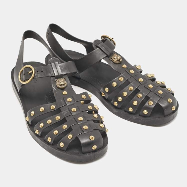 Pre Owned Gucci Black Rubber GG Marmont Crystal Embellishments Caged Flat Sandals Size 40
