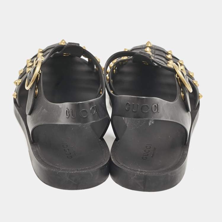 Pre Owned Gucci Black Rubber GG Marmont Crystal Embellishments Caged Flat Sandals Size 40