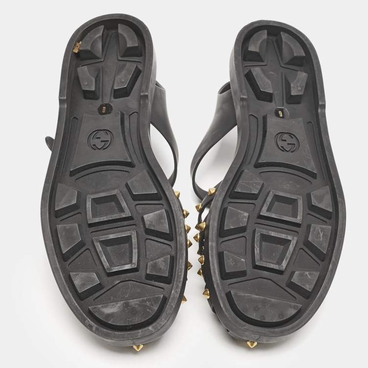 Pre Owned Gucci Black Rubber GG Marmont Crystal Embellishments Caged Flat Sandals Size 40