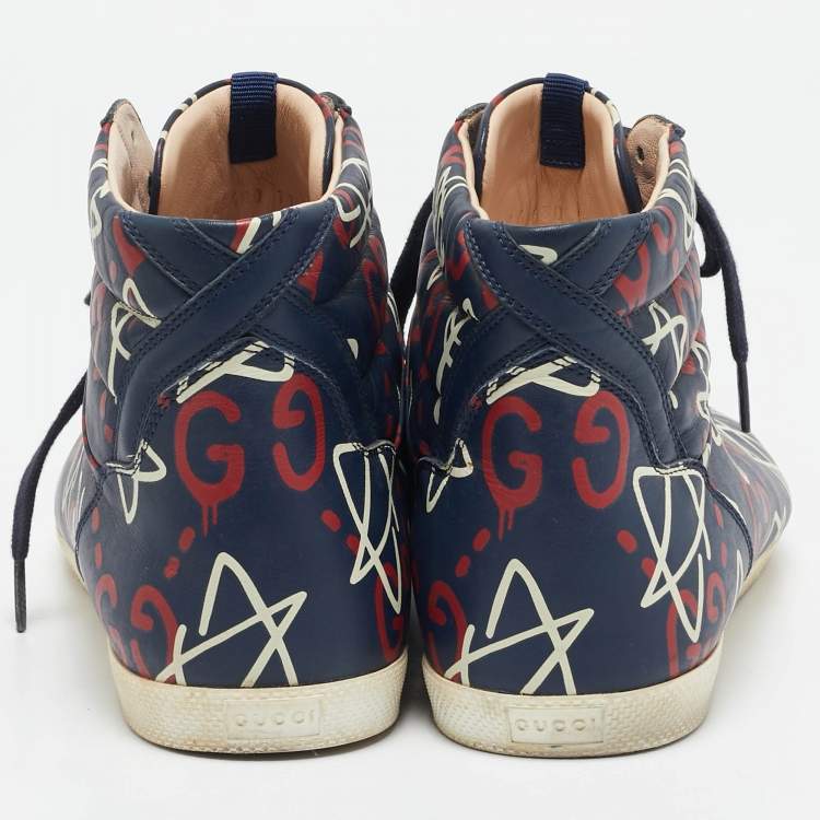 Pre Owned Gucci Blue Leather Ghost Logo High Top Sneakers Size 45