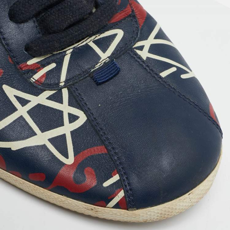 Pre Owned Gucci Blue Leather Ghost Logo High Top Sneakers Size 45