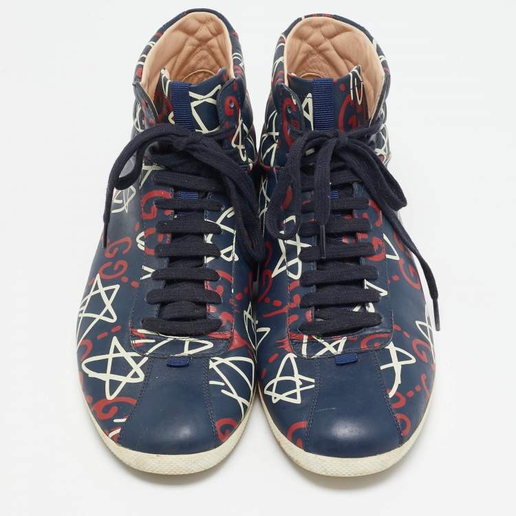 Pre Owned Gucci Blue Leather Ghost Logo High Top Sneakers Size 45