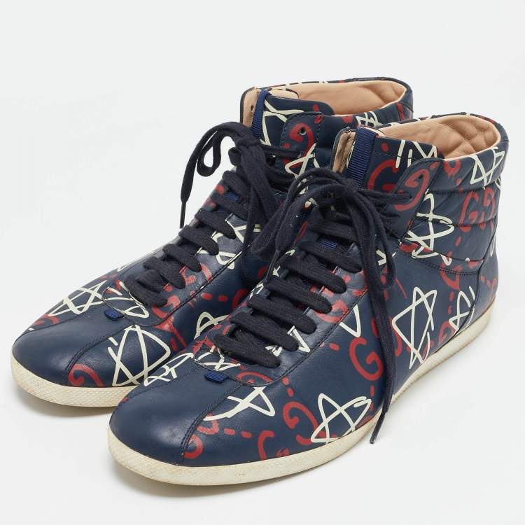 Pre Owned Gucci Blue Leather Ghost Logo High Top Sneakers Size 45
