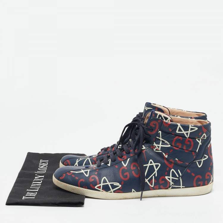 Pre Owned Gucci Blue Leather Ghost Logo High Top Sneakers Size 45
