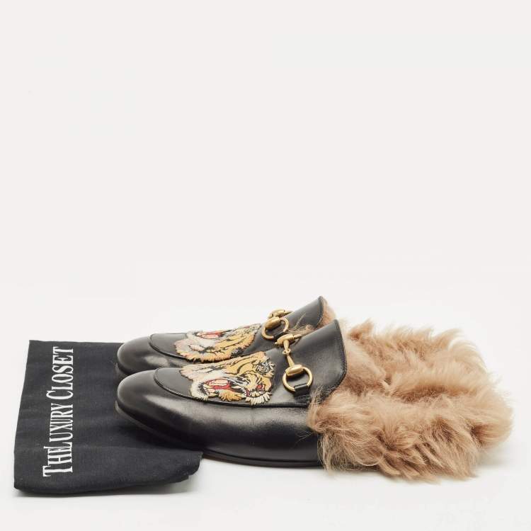 Pre Owned Gucci Black  Leather And Fur Princetown Mule Sandals Size 41.5