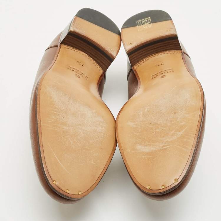 Pre Owned Gucci Dark Brown Leather Horsebit Web Slip On Loafers Size 41.5