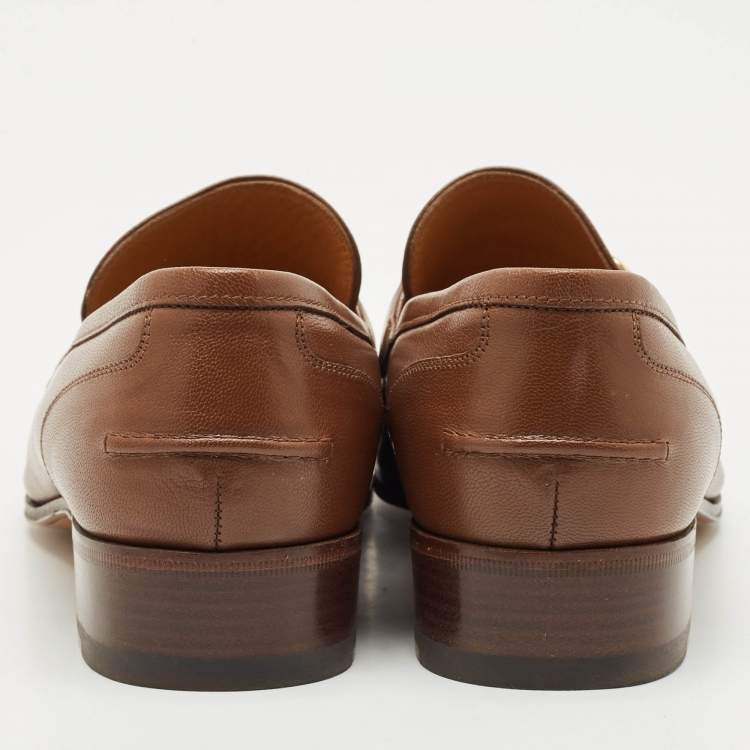 Pre Owned Gucci Dark Brown Leather Horsebit Web Slip On Loafers Size 41.5