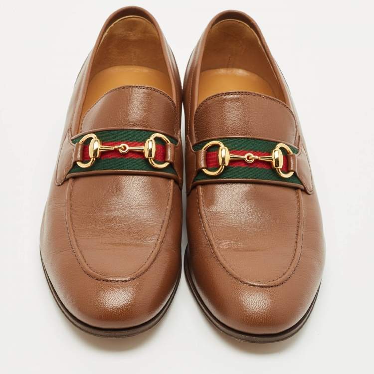 Pre Owned Gucci Dark Brown Leather Horsebit Web Slip On Loafers Size 41.5