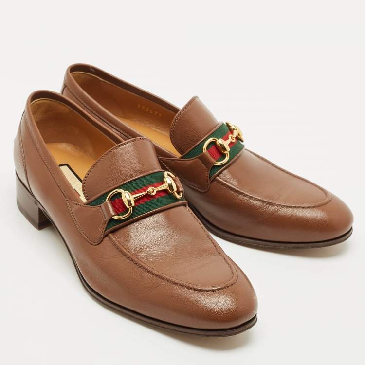 Pre Owned Gucci Dark Brown Leather Horsebit Web Slip On Loafers Size 41.5