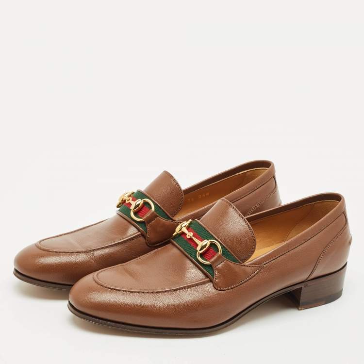 Pre Owned Gucci Dark Brown Leather Horsebit Web Slip On Loafers Size 41.5