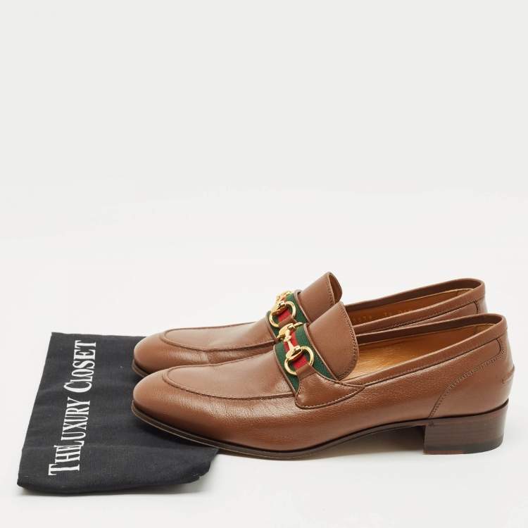 Pre Owned Gucci Dark Brown Leather Horsebit Web Slip On Loafers Size 41.5