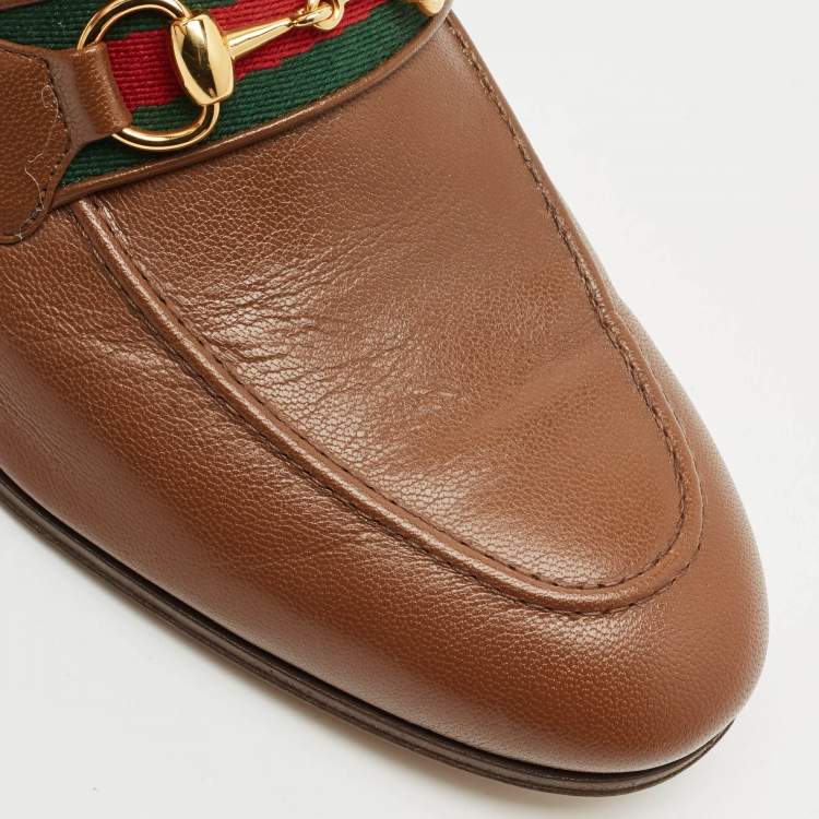Pre Owned Gucci Dark Brown Leather Horsebit Web Slip On Loafers Size 41.5