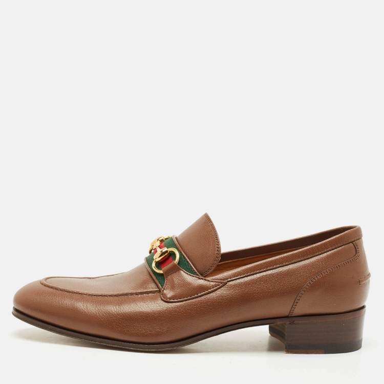 Pre Owned Gucci Dark Brown Leather Horsebit Web Slip On Loafers Size 41.5