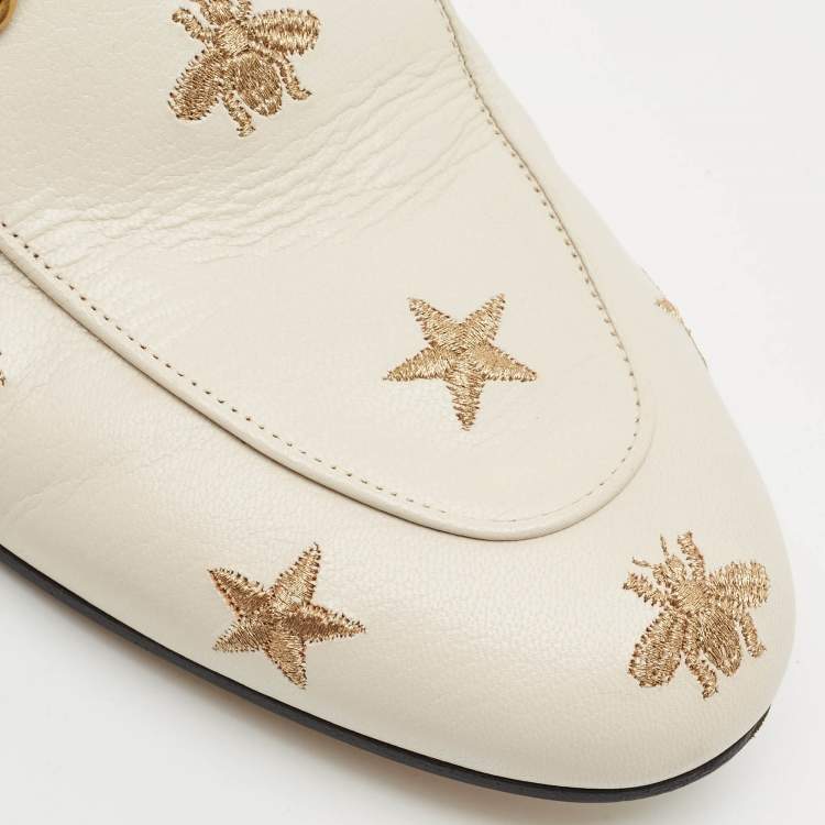 Pre Owned Gucci Cream Leather Princetown Embellished Horsebit Flat Mules Size 41.5