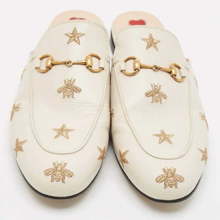 Pre Owned Gucci Cream Leather Princetown Embellished Horsebit Flat Mules Size 41.5
