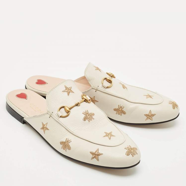Pre Owned Gucci Cream Leather Princetown Embellished Horsebit Flat Mules Size 41.5