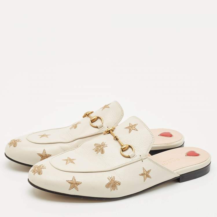 Pre Owned Gucci Cream Leather Princetown Embellished Horsebit Flat Mules Size 41.5