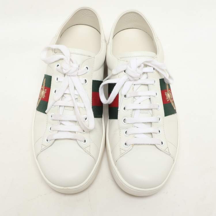Pre Owned Gucci White Leather Ace Bee Embroidered Low Top Sneakers Size 40.5