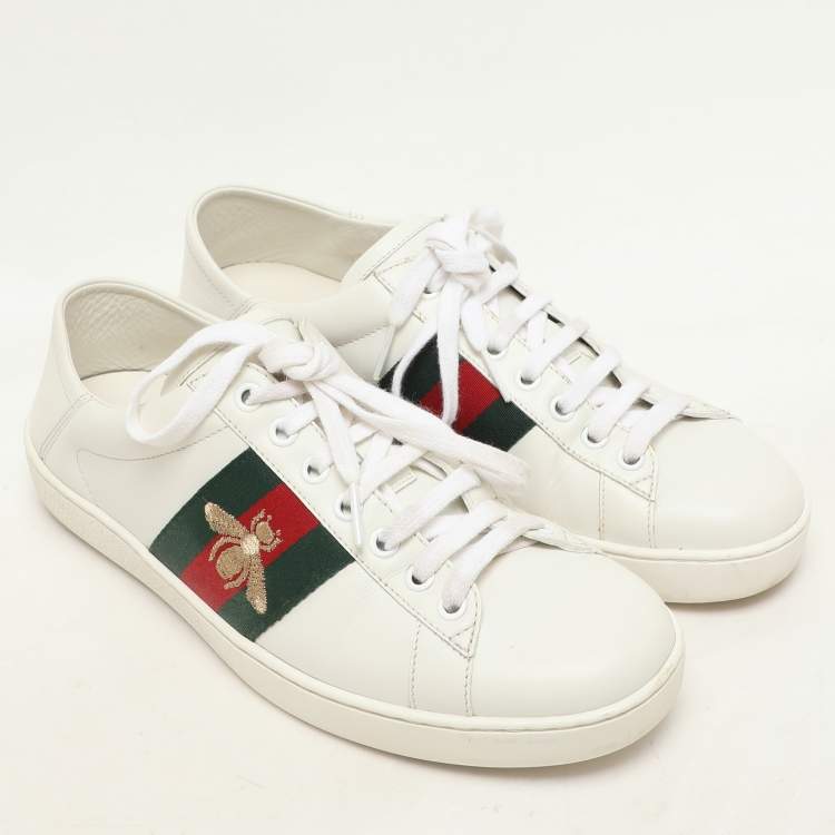 Pre Owned Gucci White Leather Ace Bee Embroidered Low Top Sneakers Size 40.5