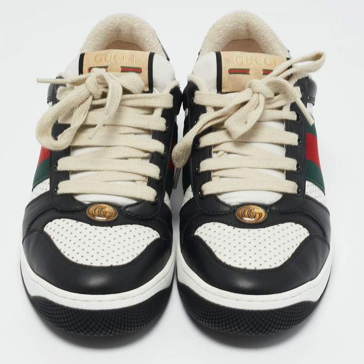 Pre Owned Gucci Black/White Perforated Leather Screener Sneakers Size 39.5