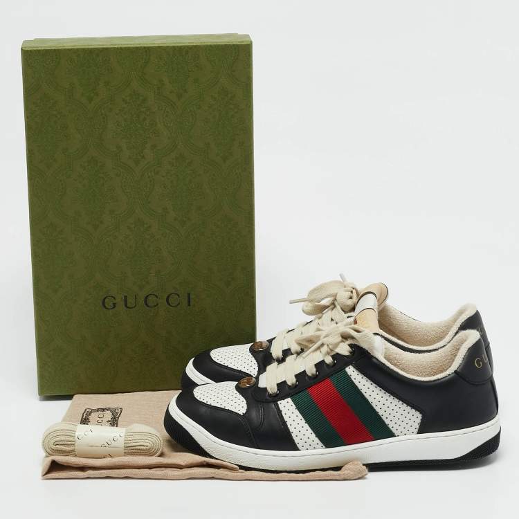 Pre Owned Gucci Black/White Perforated Leather Screener Sneakers Size 39.5