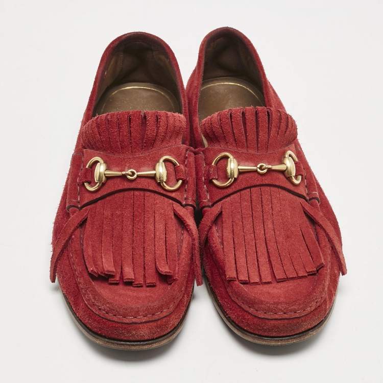 Pre Owned Gucci Red Suede Fringe Slip On Loafers Size 40