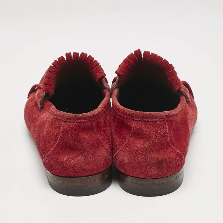 Pre Owned Gucci Red Suede Fringe Slip On Loafers Size 40
