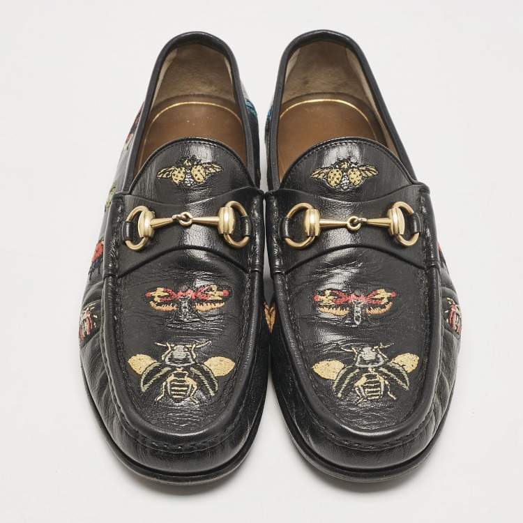 Pre Owned Gucci Black Embroidered Leather 1953 Horsebit Loafers Size 40.5
