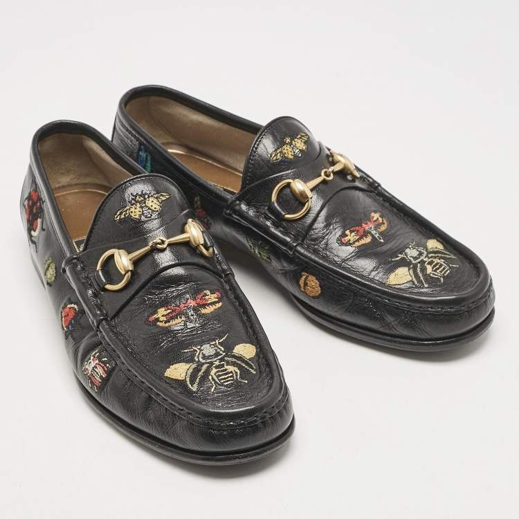 Pre Owned Gucci Black Embroidered Leather 1953 Horsebit Loafers Size 40.5