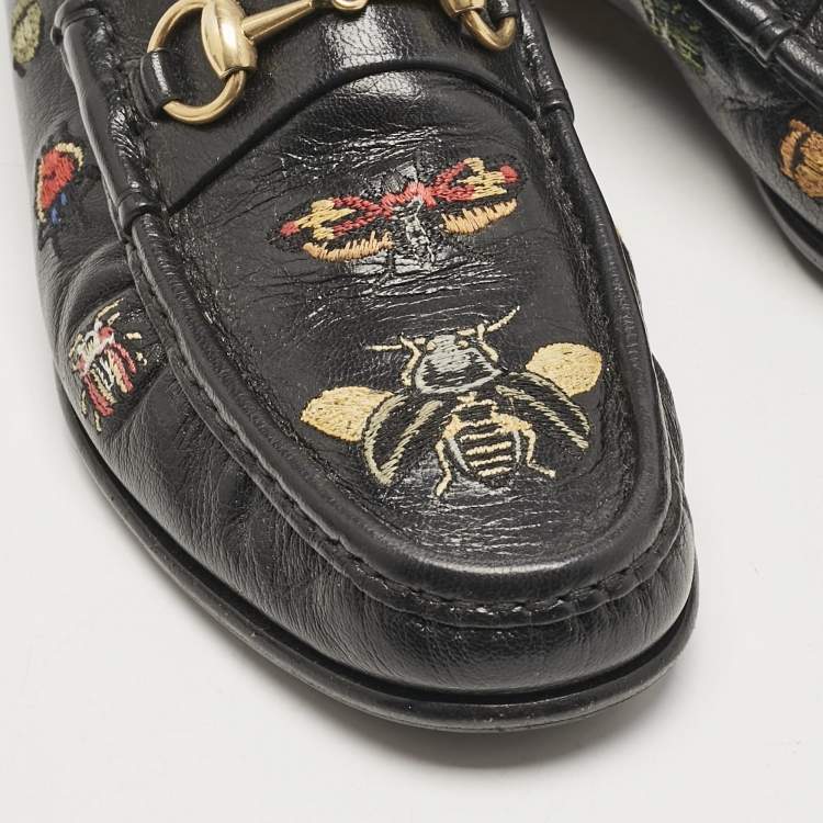 Pre Owned Gucci Black Embroidered Leather 1953 Horsebit Loafers Size 40.5