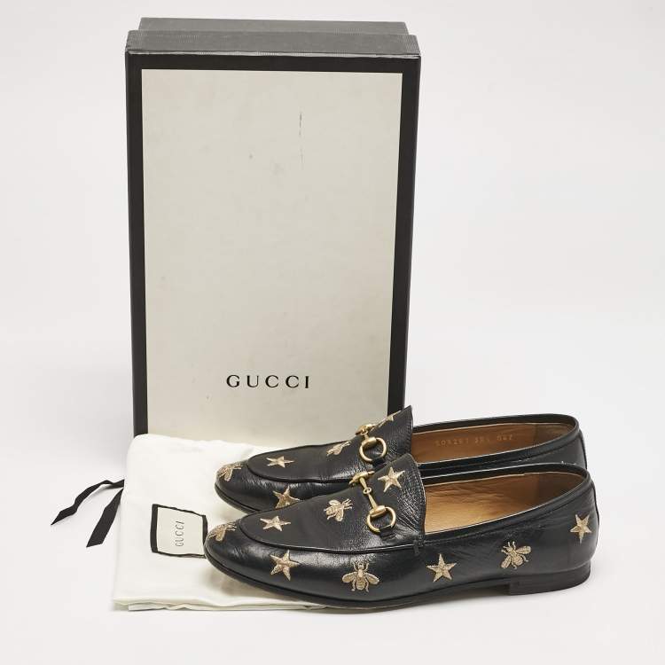 Pre Owned Gucci Black Leather Embroidered Star Bee Horsebit Jordaan Loafers Size 38.5