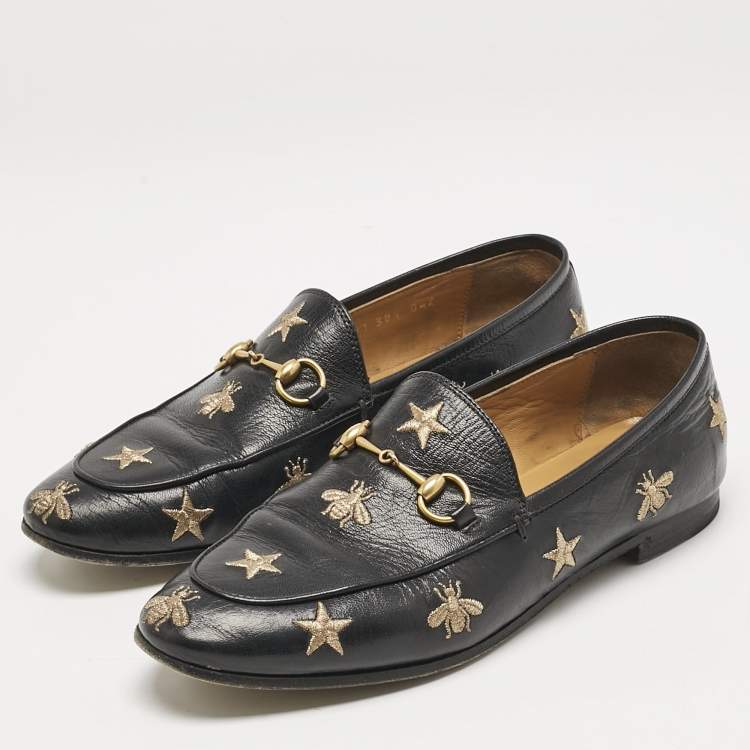 Pre Owned Gucci Black Leather Embroidered Star Bee Horsebit Jordaan Loafers Size 38.5
