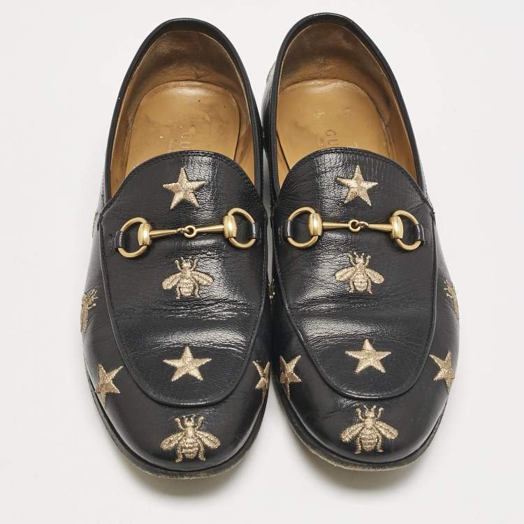 Pre Owned Gucci Black Leather Embroidered Star Bee Horsebit Jordaan Loafers Size 38.5