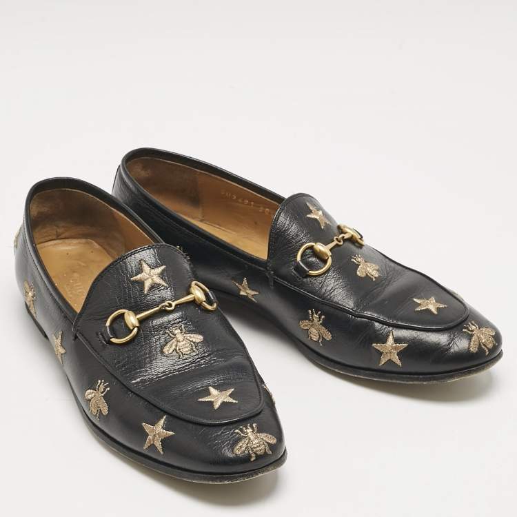 Pre Owned Gucci Black Leather Embroidered Star Bee Horsebit Jordaan Loafers Size 38.5