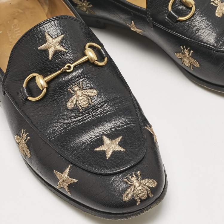Pre Owned Gucci Black Leather Embroidered Star Bee Horsebit Jordaan Loafers Size 38.5