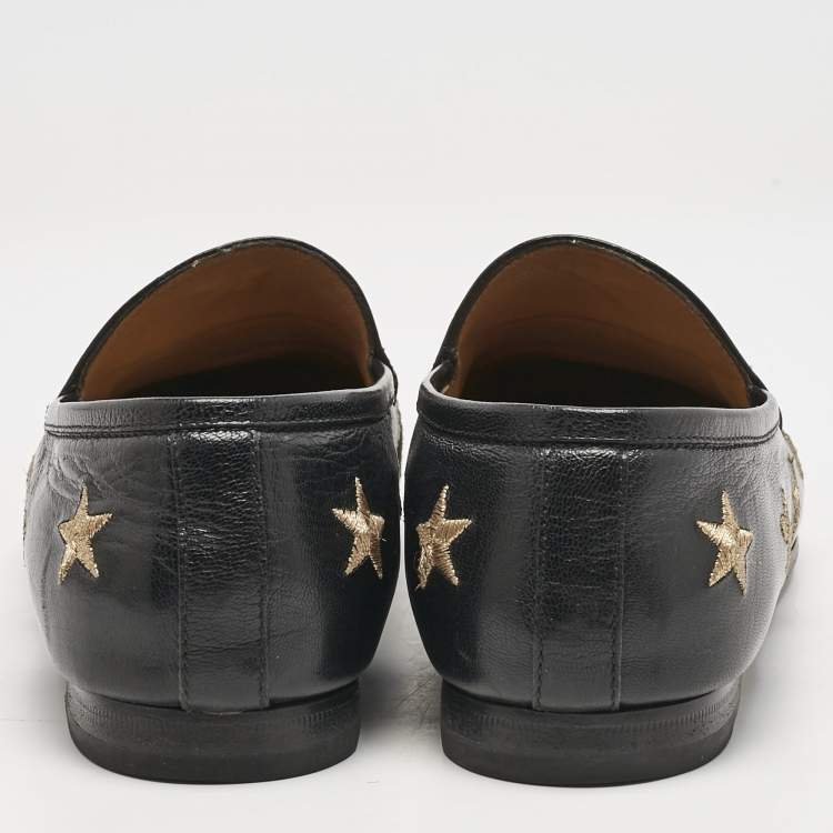 Pre Owned Gucci Black Leather Embroidered Star Bee Horsebit Jordaan Loafers Size 38.5