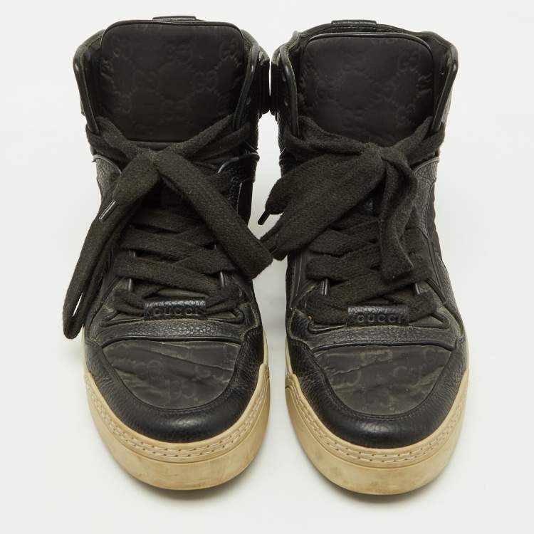 Pre Owned Gucci Black Leather and Nylon GG Guccissima High Top Sneakers Size 41
