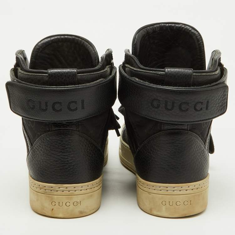 Pre Owned Gucci Black Leather and Nylon GG Guccissima High Top Sneakers Size 41