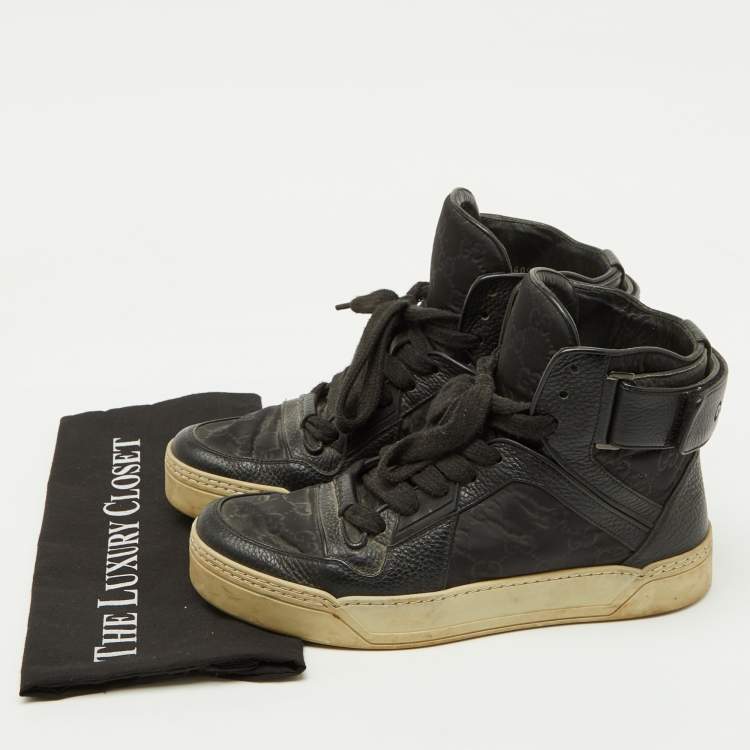 Pre Owned Gucci Black Leather and Nylon GG Guccissima High Top Sneakers Size 41