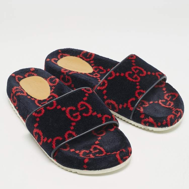 Pre Owned Gucci Navy Blue/Red GG Velvet Flat Slide Sandals Size 41