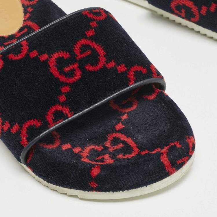 Pre Owned Gucci Navy Blue/Red GG Velvet Flat Slide Sandals Size 41