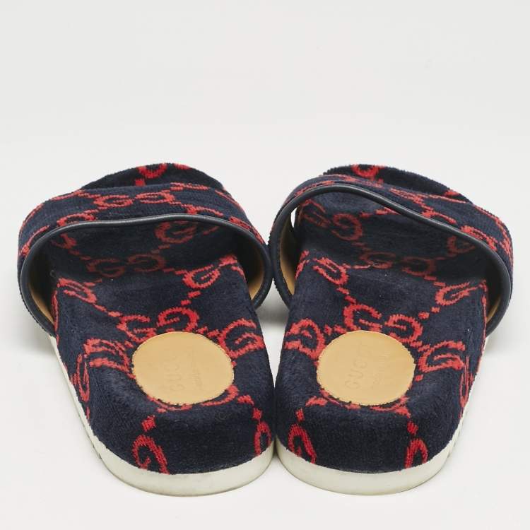 Pre Owned Gucci Navy Blue/Red GG Velvet Flat Slide Sandals Size 41