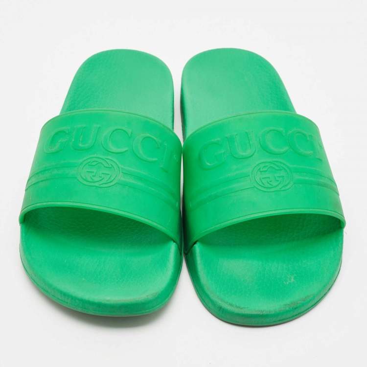 Pre Owned Gucci Green Rubber Logo Pool Flat Slide Sandals Size 45