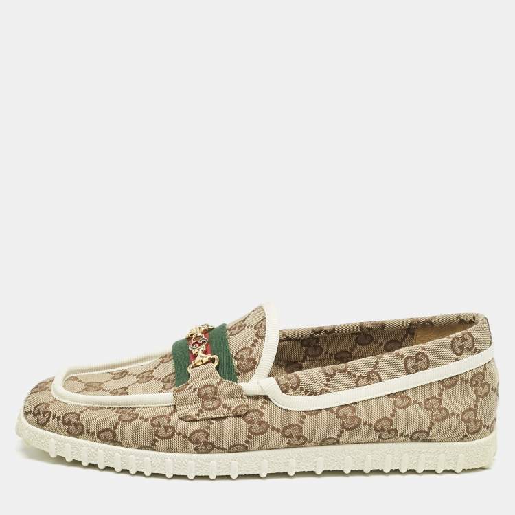 Pre Owned Gucci Beige GG Canvas Horsebit Web Slip On Loafers Size 41.5