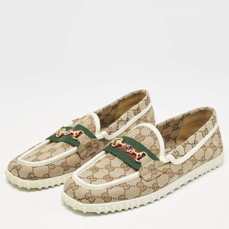Pre Owned Gucci Beige GG Canvas Horsebit Web Slip On Loafers Size 41.5