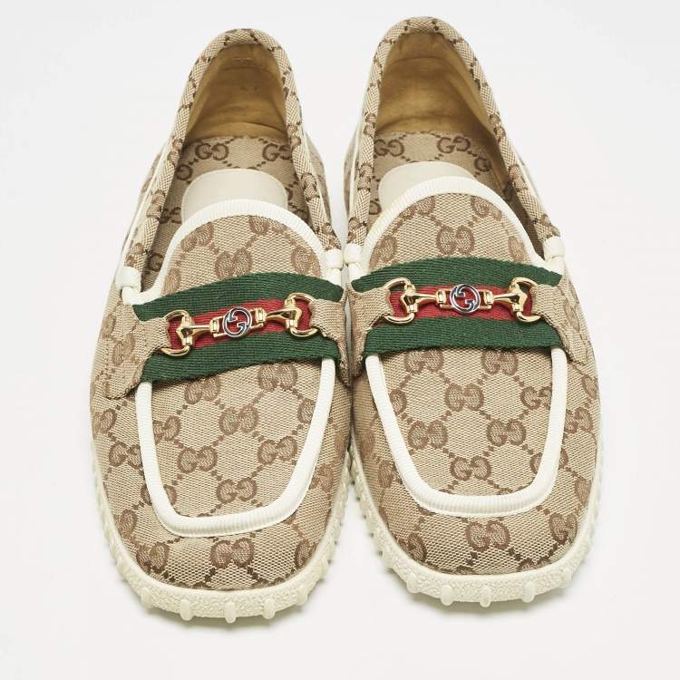 Pre Owned Gucci Beige GG Canvas Horsebit Web Slip On Loafers Size 41.5
