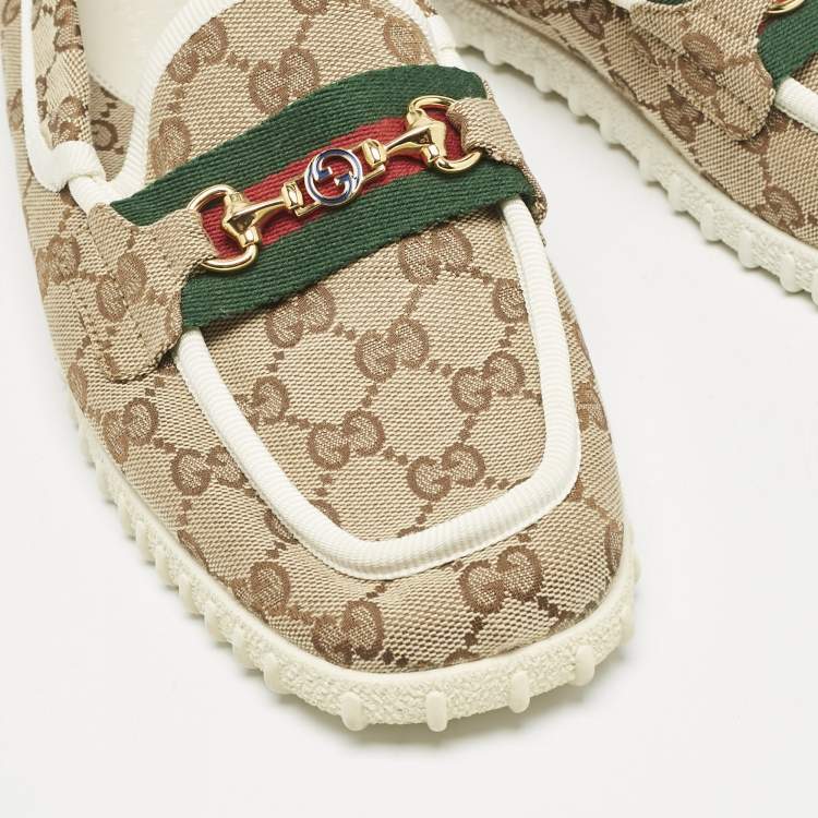 Pre Owned Gucci Beige GG Canvas Horsebit Web Slip On Loafers Size 41.5