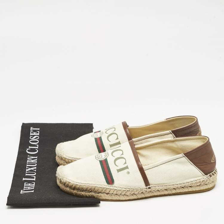 Pre Owned Gucci Cream/Dark Brown Canvas and Leather Logo Slip On Espadrille Flats Size 39