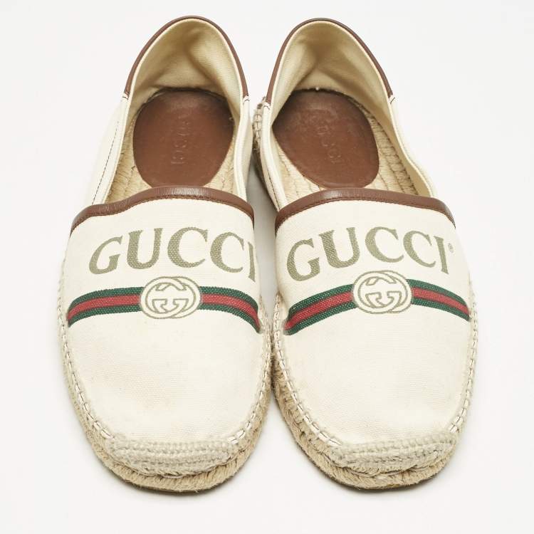 Pre Owned Gucci Cream/Dark Brown Canvas and Leather Logo Slip On Espadrille Flats Size 39